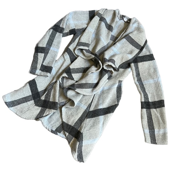 FAVLUX GRAY / BLACK / LIGHT BLUE PLAID WINDOW PANE DRAPE COAT SIZE SMALL - Picture 3 of 8